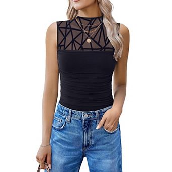 Avidlove Women Mock Neck Mesh Bodysuit Ruched Tank Body Suits Sheer One Piece Classy Outfits