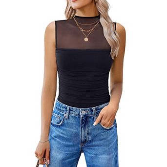 Avidlove Women Mock Neck Mesh Bodysuit Ruched Tank Body Suits Sheer One Piece Classy Outfits