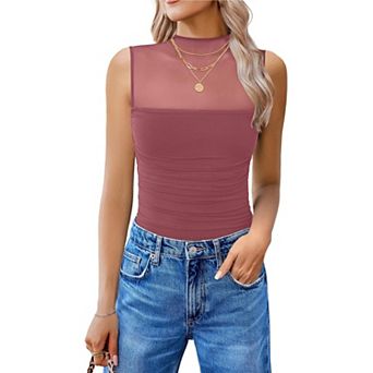 Avidlove Women Mock Neck Mesh Bodysuit Ruched Tank Body Suits Sheer One Piece Classy Outfits