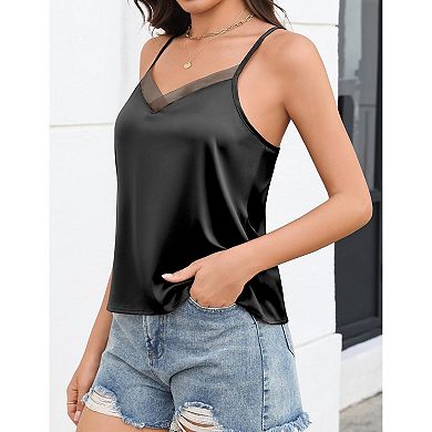 Avidlove Womens Silk Satin Tank Tops Mesh V Neck Camisole Adjustable Spaghetti Strap Summer Basic