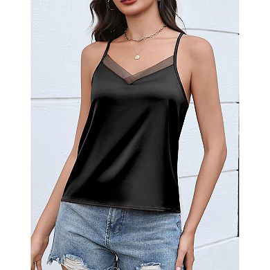 Avidlove Womens Silk Satin Tank Tops Mesh V Neck Camisole Adjustable Spaghetti Strap Summer Basic
