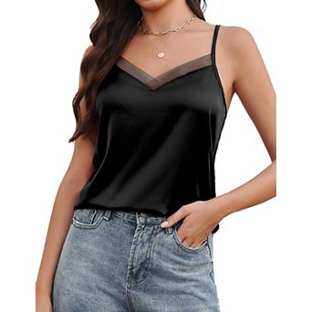 Avidlove Womens Silk Satin Tank Tops Mesh V Neck Camisole Adjustable Spaghetti Strap Summer Basic