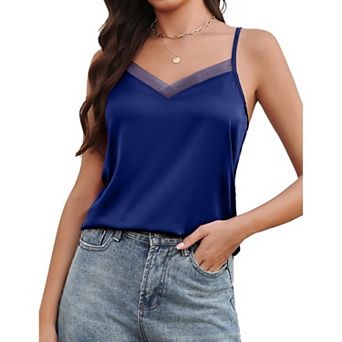 Avidlove Womens Silk Satin Tank Tops Mesh V Neck Camisole Adjustable Spaghetti Strap Summer Basic