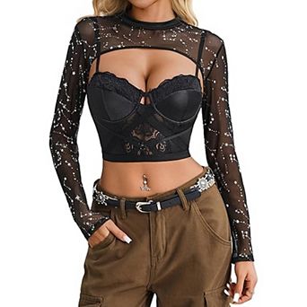 Avidlove Crop Tops for Women See Through Shirt Top Y2K Long Sleeve Top