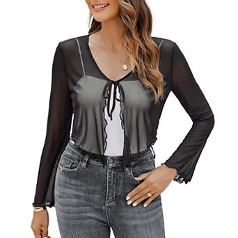Avidlove Womens Sheer Shrug Tie Front Long Bell Sleeve Mesh Bolero Lightweight Summer Casual Short