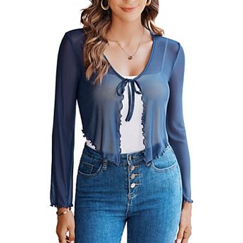 Avidlove Womens Sheer Shrug Tie Front Long Bell Sleeve Mesh Bolero Lightweight Summer Casual Short