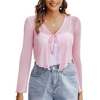 Avidlove Womens Sheer Shrug Tie Front Long Bell Sleeve Mesh Bolero Lightweight Summer Casual Short