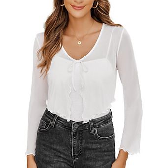 Avidlove Womens Sheer Shrug Tie Front Long Bell Sleeve Mesh Bolero Lightweight Summer Casual Short