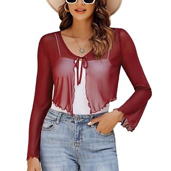 Avidlove Womens Sheer Shrug Tie Front Long Bell Sleeve Mesh Bolero Lightweight Summer Casual Short