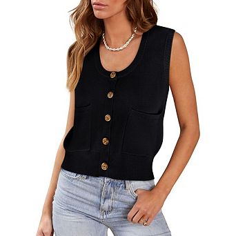 Womens Sweater Vest Summer Ribbed Tank Tops Sleeveless Button Down Shirts Scoop Neck Top
