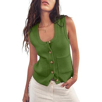Womens Sweater Vest Summer Ribbed Tank Tops Sleeveless Button Down Shirts Scoop Neck Top