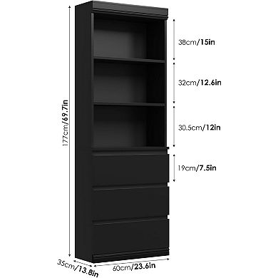 70" H Bookcase with 3 Storage Drawers,Tall Bookshelf w/ 3-Tier Open Shelf