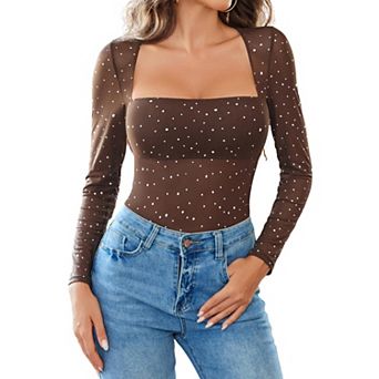 Avidlove Women Mesh Long Sleeve Bodysuit Swan Collar Rhinestone Snap Crotch Bodysuits Shirts