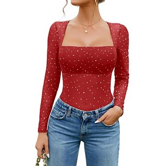 Avidlove Women Mesh Long Sleeve Bodysuit Swan Collar Rhinestone Snap Crotch Bodysuits Shirts