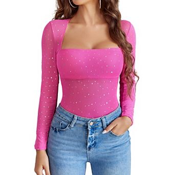 Avidlove Women Mesh Long Sleeve Bodysuit Swan Collar Rhinestone Snap Crotch Bodysuits Shirts