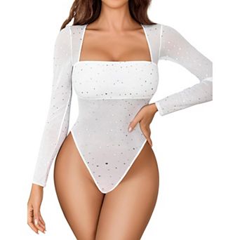 Avidlove Women Mesh Long Sleeve Bodysuit Swan Collar Rhinestone Snap Crotch Bodysuits Shirts