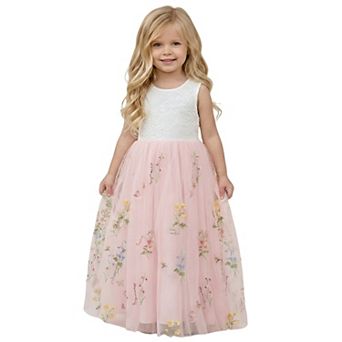 2Bunnies Girls' 3T-8Y Floral Embroidered Lace Sleeveless Maxi Dress