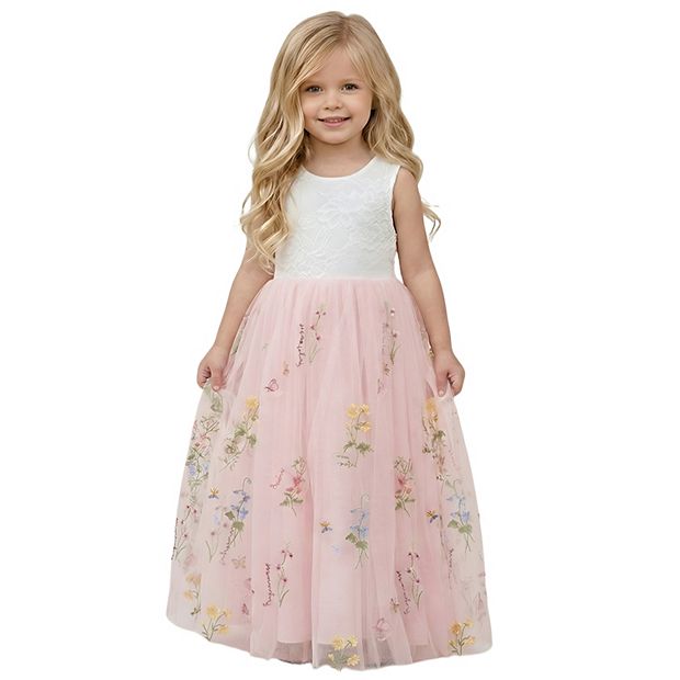 3t maxi dress 2Bunnies Girls' 3T-9yr Floral Embroidered Tulle Lace Sleeveless Maxi Flower Girl Dress Ivory 5