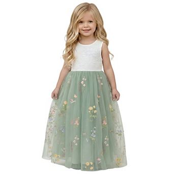 2Bunnies Girls' 3T-8Y Floral Embroidered Lace Sleeveless Maxi Dress