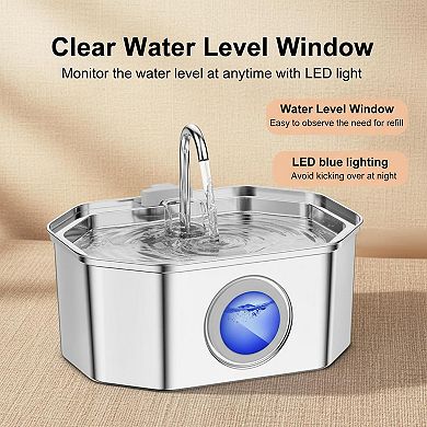 Petsfit Stainless Steel Pet Water Fountain Large Capacity Quiet LED Light & Level Window