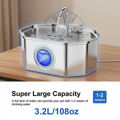 Petsfit Stainless Steel Pet Water Fountain Large Capacity Quiet LED Light & Level Window
