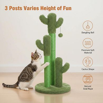 Nicate Cat Cactus Scratcher 3 Poles Interactive Dangling Ball Soft Carpet Stress Relief
