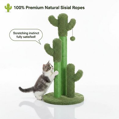 Nicate Cat Cactus Scratcher 3 Poles Interactive Dangling Ball Soft Carpet Stress Relief