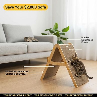 Nicate 3-in-1 Cat Scratcher: Cardboard Wood Frame Reversible Durable Furniture Protector