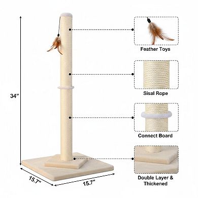 Nicate 34" Tall Cat Scratcher Tree Double Base Reinforcement Sisal Posts Toys Indoor Cats