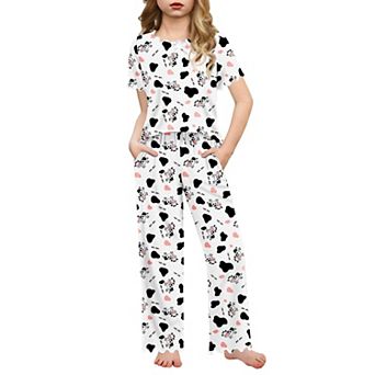 Arshiner Girls Pajama Set Short Sleeve Long Pant Sleepwear Soft Shirring Lounge Set