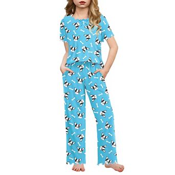 Arshiner Girls Pajama Set Short Sleeve Long Pant Sleepwear Soft Shirring Lounge Set