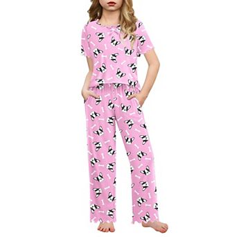 Arshiner Girls Pajama Set Short Sleeve Long Pant Sleepwear Soft Shirring Lounge Set