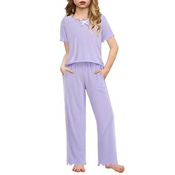 Arshiner Girls Pajama Set Short Sleeve Long Pant Sleepwear Soft Shirring Lounge Set