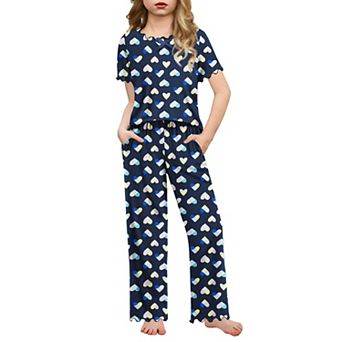Arshiner Girls Pajama Set Short Sleeve Long Pant Sleepwear Soft Shirring Lounge Set