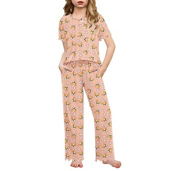 Arshiner Girls Pajama Set Short Sleeve Long Pant Sleepwear Soft Shirring Lounge Set