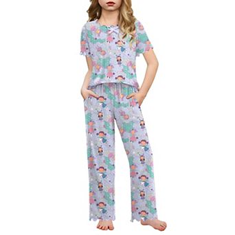 Arshiner Girls Pajama Set Short Sleeve Long Pant Sleepwear Soft Shirring Lounge Set