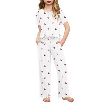 Arshiner Girls Pajama Set Short Sleeve Long Pant Sleepwear Soft Shirring Lounge Set