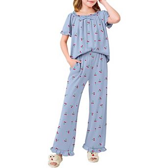 Arshiner Girls Pajamas Soft Piece Pajamas Sets Ruffle Short Sleeve Long Pants Sleepwear