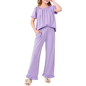 Arshiner Girls Pajamas Soft Piece Pajamas Sets Ruffle Short Sleeve Long Pants Sleepwear