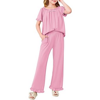 Arshiner Girls Pajamas Soft Piece Pajamas Sets Ruffle Short Sleeve Long Pants Sleepwear