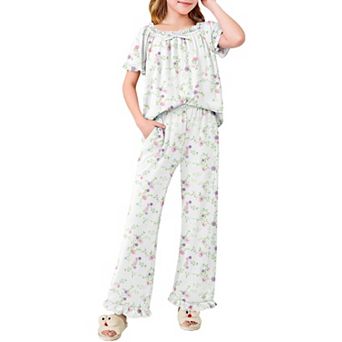 Arshiner Girls Pajamas Soft Piece Pajamas Sets Ruffle Short Sleeve Long Pants Sleepwear