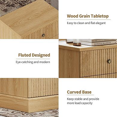 Modern Fluted Nightstand, 24" Bedside Table Small Accent Storage Cabinet with 2 Drawers