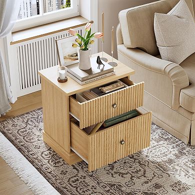 Modern Fluted Nightstand, 24" Bedside Table Small Accent Storage Cabinet with 2 Drawers