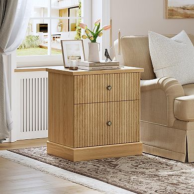 Modern Fluted Nightstand, 24" Bedside Table Small Accent Storage Cabinet with 2 Drawers