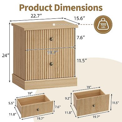 Modern Fluted Nightstand, 24" Bedside Table Small Accent Storage Cabinet with 2 Drawers