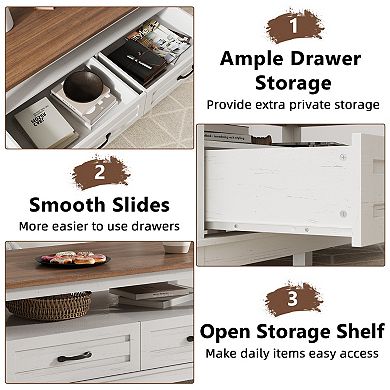 Farmhouse Coffee Table with Drawers, Rustic Wood Center Table, Spacious Open Shelf, Easy Assembly