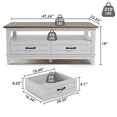 Farmhouse Coffee Table with Drawers, Rustic Wood Center Table, Spacious Open Shelf, Easy Assembly