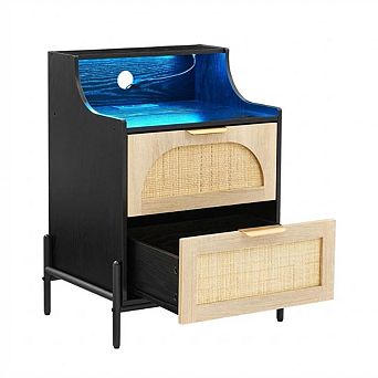 Rattan Nightstand with Charging Station, Wooden Accent End Table with 2 Drawers, Sofa Side Table