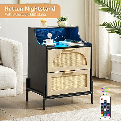 Rattan Nightstand with Charging Station, Wooden Accent End Table with 2 Drawers, Sofa Side Table
