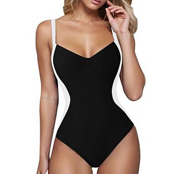 Women's Color Block One Piece Swimsuit, Contrast Trim Ruched Backless Bathing Suit